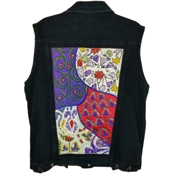 Cedars Womens Heavily Beaded Black Denim Button Vest Large Artsy Boho Vintage - Picture 1 of 12